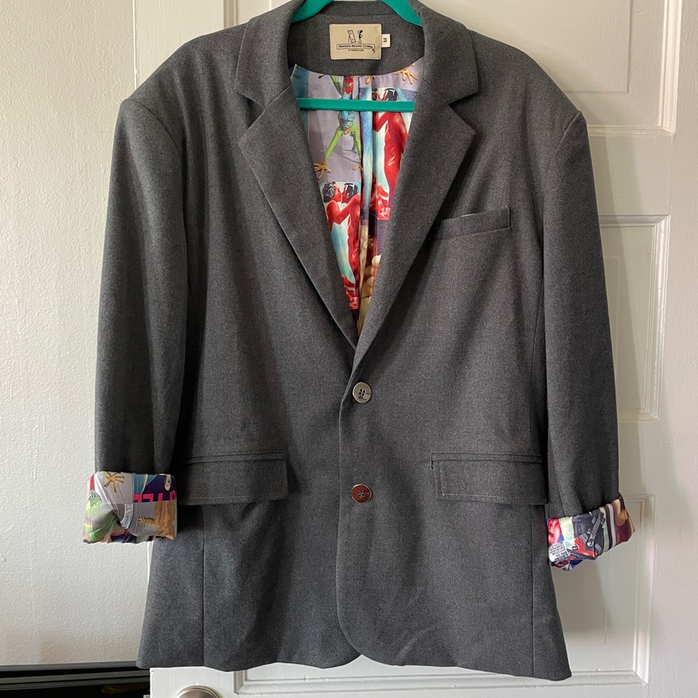 Fashion Brand Gray Blazer with Colorful Lining
